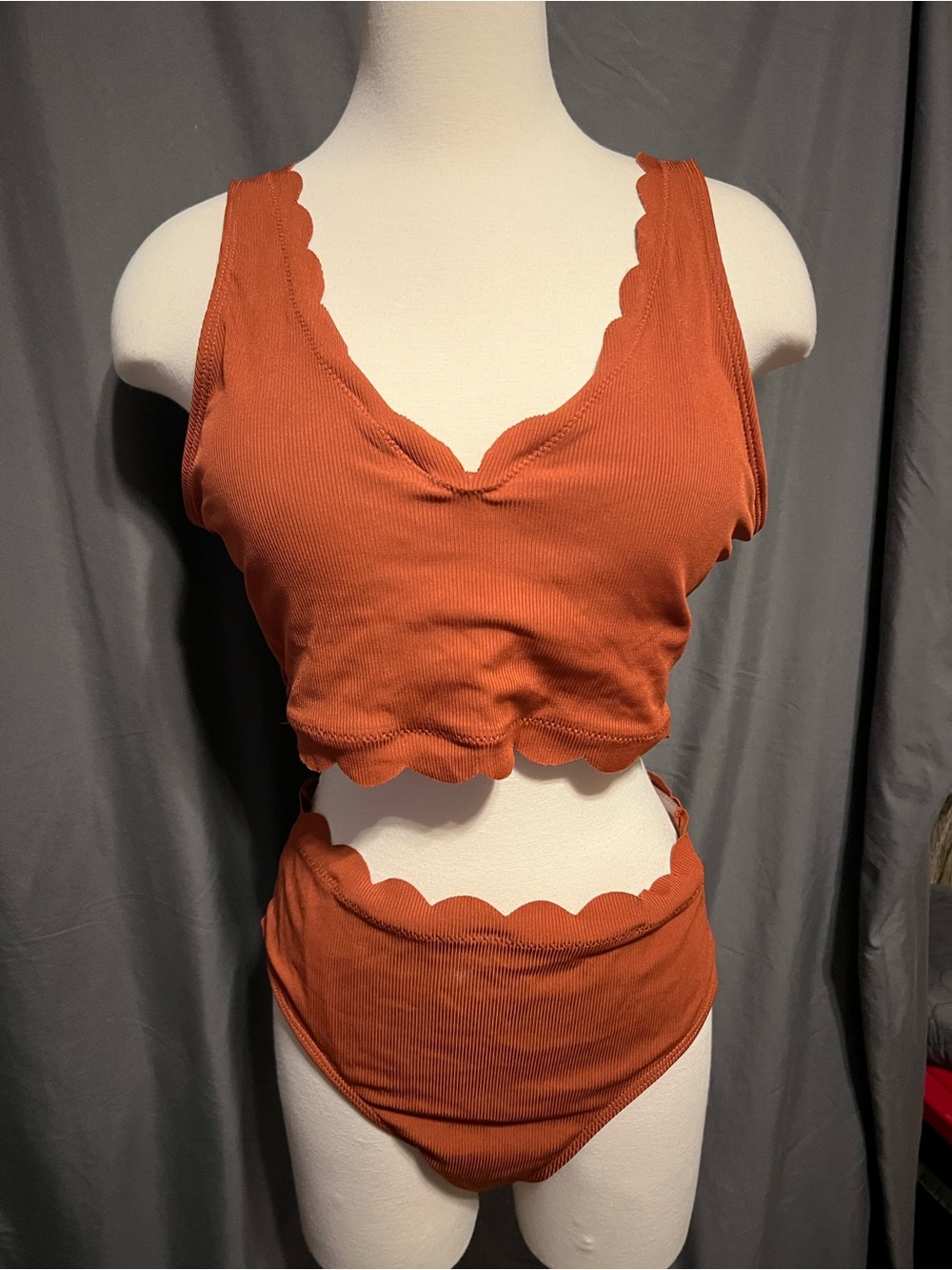 Zaful Rust Scalloped High-Waist Ribbed Bikini Set